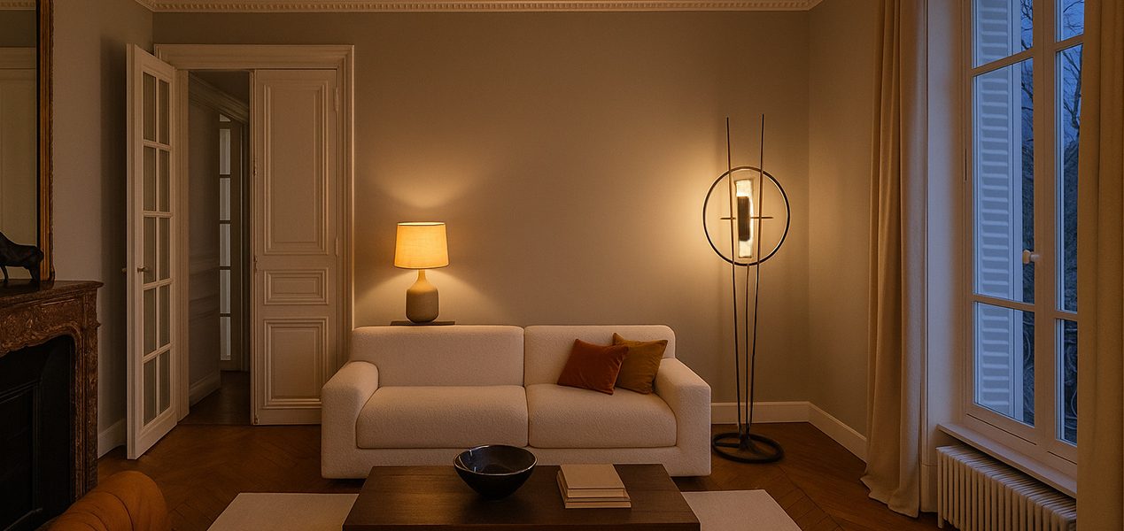 Lampadaire Le Temps Suspendu Sype 008, œuvre lumineuse en acier brut diffusant une lumière douce dans un salon contemporain.