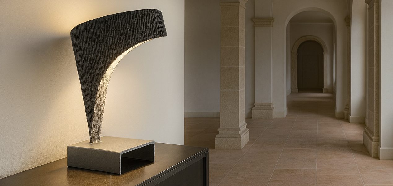 Sype 017 – Sculpture lumineuse design Lampe Sype 017 en acier brut, création design contemporaine éclairant un couloir voûté avec élégance.