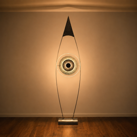 Sype 018 - L'Œil lumineux – Grand lampadaire sculpture en acier Grand lampadaire sculpture en acier brut avec cercle lumineux central évoquant un œil.