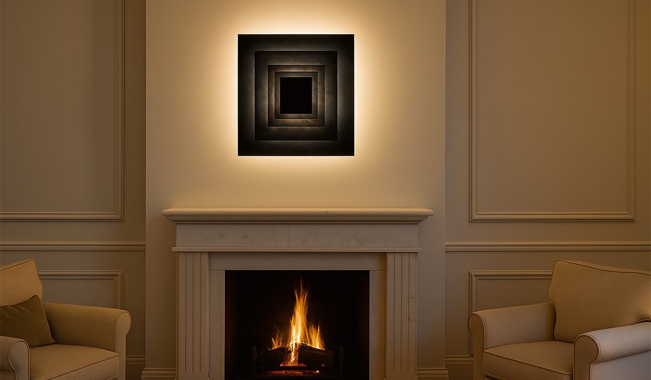 Pyramide de Carrés Sype 010, applique murale en acier brut diffusant une lumière architecturale au-dessus d’une cheminée.