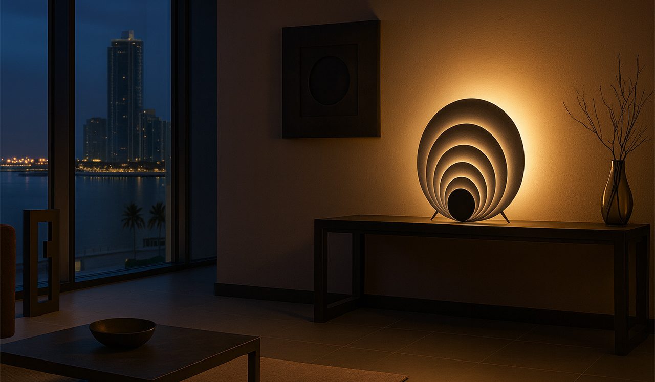 Danse des Cercles Sype 012, sculpture lumineuse en acier brut aux cercles entremêlés diffusant une lumière douce et architecturale.