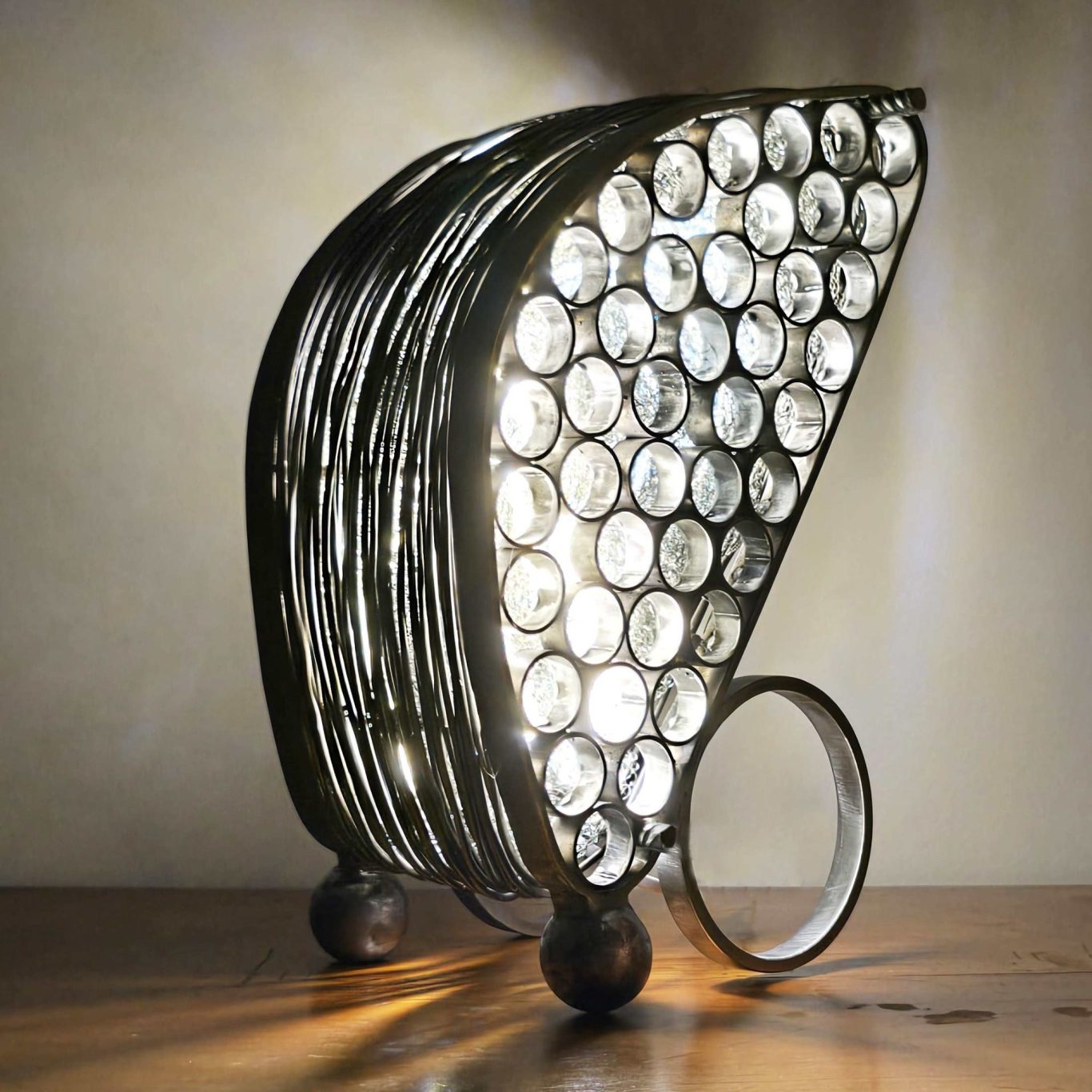 Sculpture lumineuse Sype 014 Dualité Métallique, face avant composée de cercles d’acier et faisceaux lumineux.