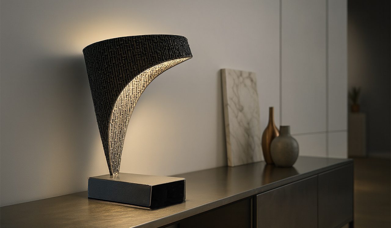 Sype 017 – Luminaire tissé en acier brut Luminaire tissé Sype 017, sculpture lumineuse en acier brut alliant lignes tendues et lumière diffuse.