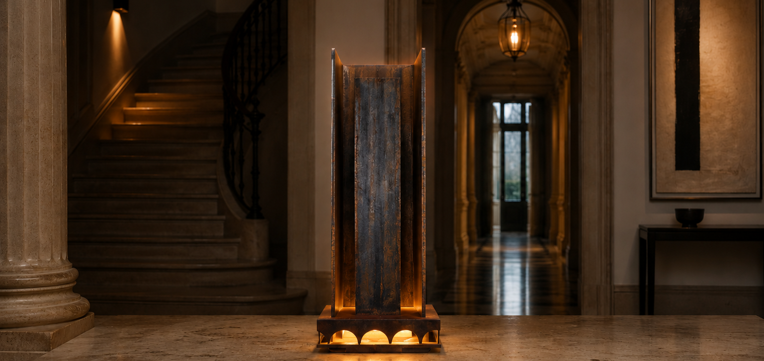 Sype 018 – Œuvre lumineuse contemporaine Lampe-sculpture Sype 018 L’œil lumineux, éclairant un intérieur moderne d’une aura poétique et architecturale.