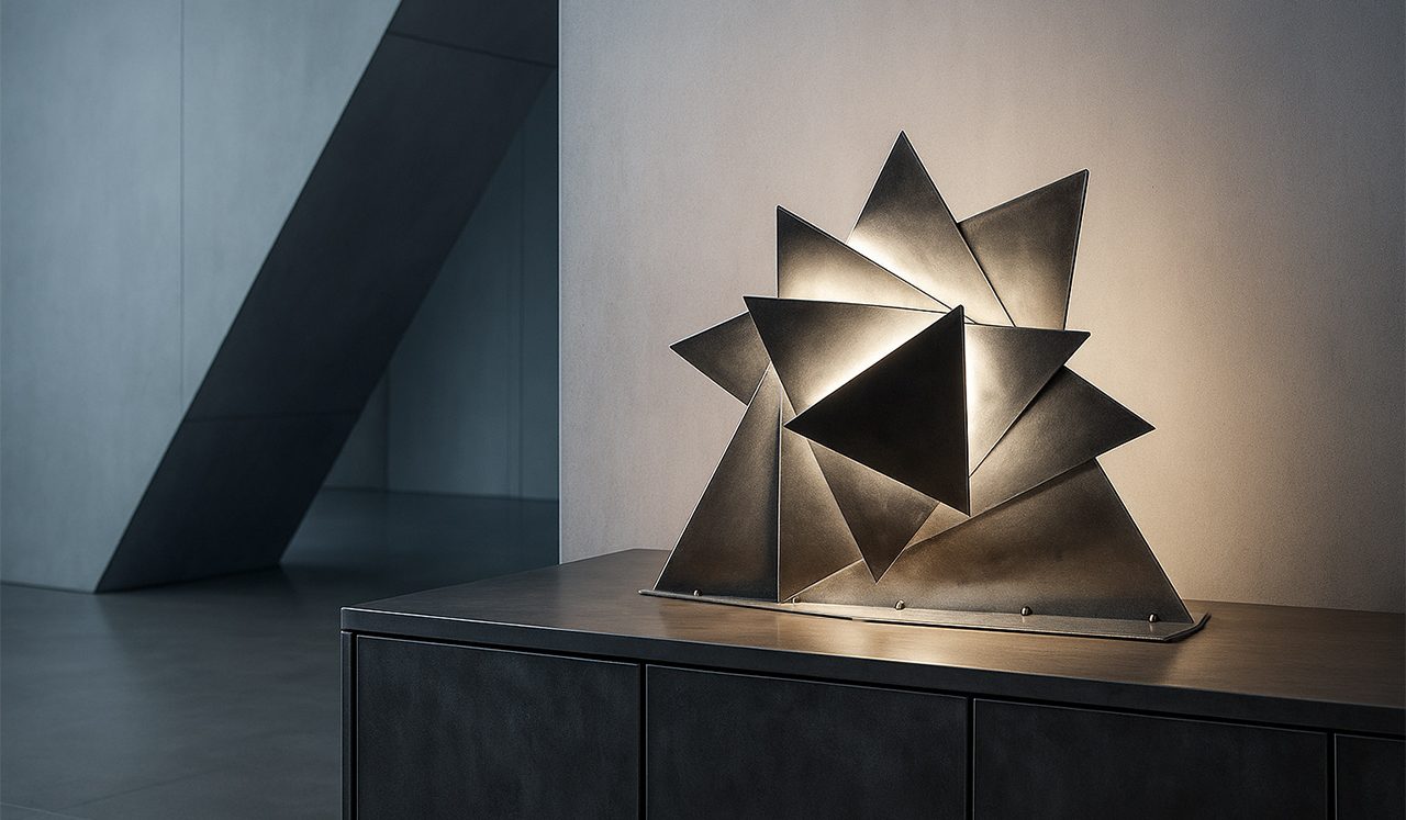 Danse des Angles Sype 016, sculpture lumineuse en acier brut composée de triangles imbriqués, entre chaos et harmonie.