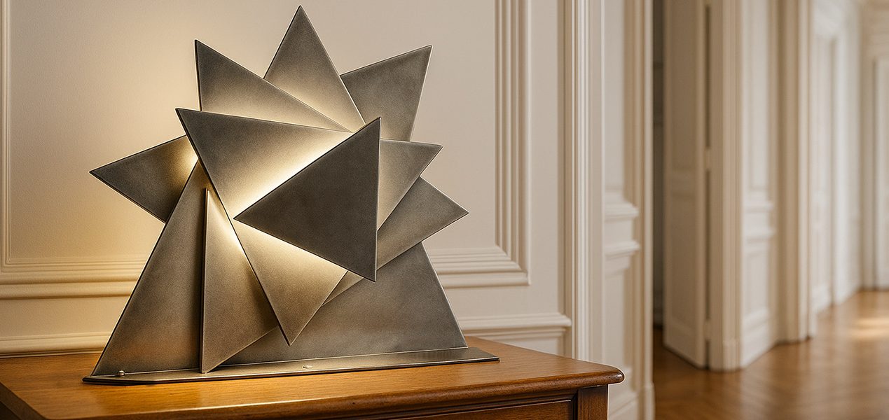 Lampe Sype 016 Danse des Angles, création lumineuse en acier brut révélant un équilibre entre géométrie et lumière.