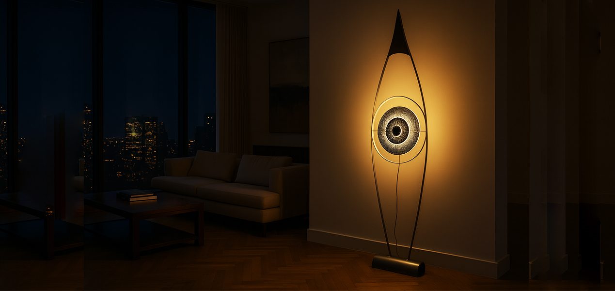 Lampe-sculpture Sype 018 L’œil lumineux, éclairant un intérieur moderne d’une aura poétique et architecturale.