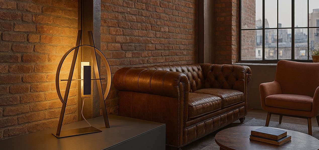 Lampe Le Compas Sype 009, sculpture lumineuse en acier brut éclairant un salon industriel avec élégance.