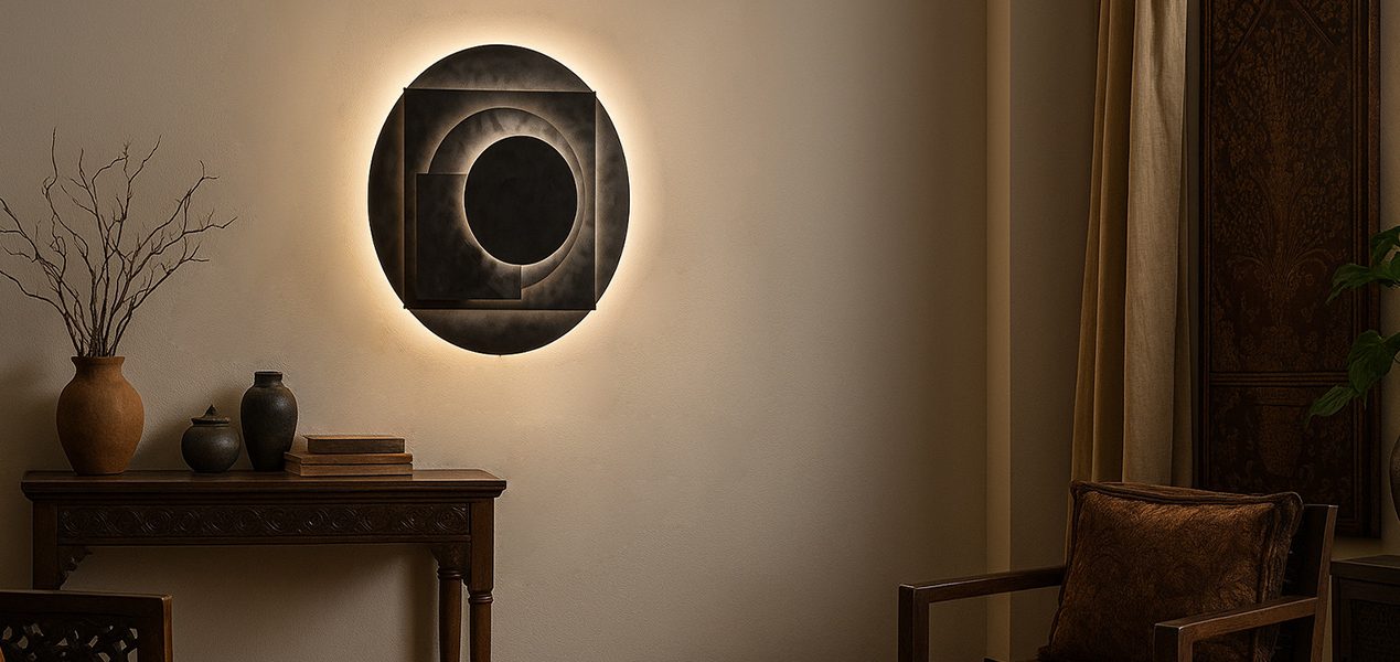 Applique murale Sype 011 Planètes en orbite, œuvre lumineuse en acier brut éclairant un intérieur élégant et contemporain..