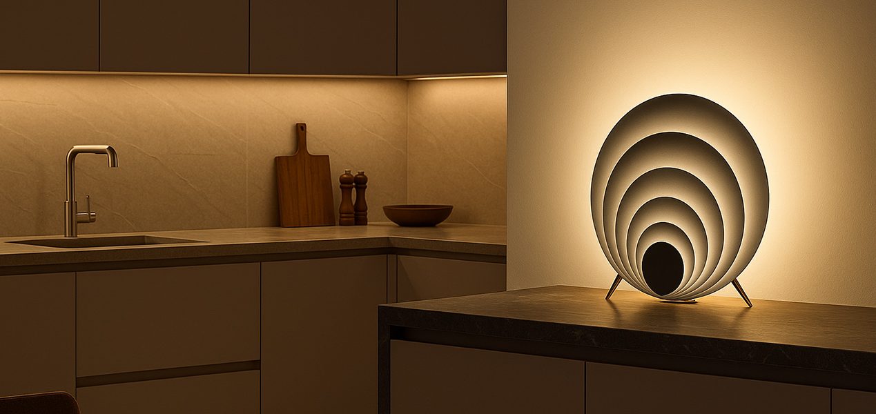 Lampe Sype 012 Danse des Cercles, œuvre lumineuse en acier brut éclairant un espace moderne avec élégance.