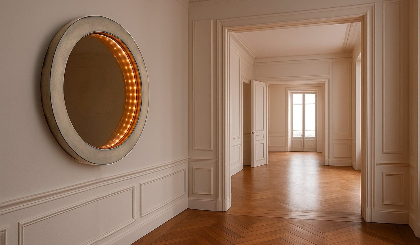 Miroir infini rond Sype 013, sculpture lumineuse en acier brut reflétant la profondeur et la lumière d’un intérieur contemporain.